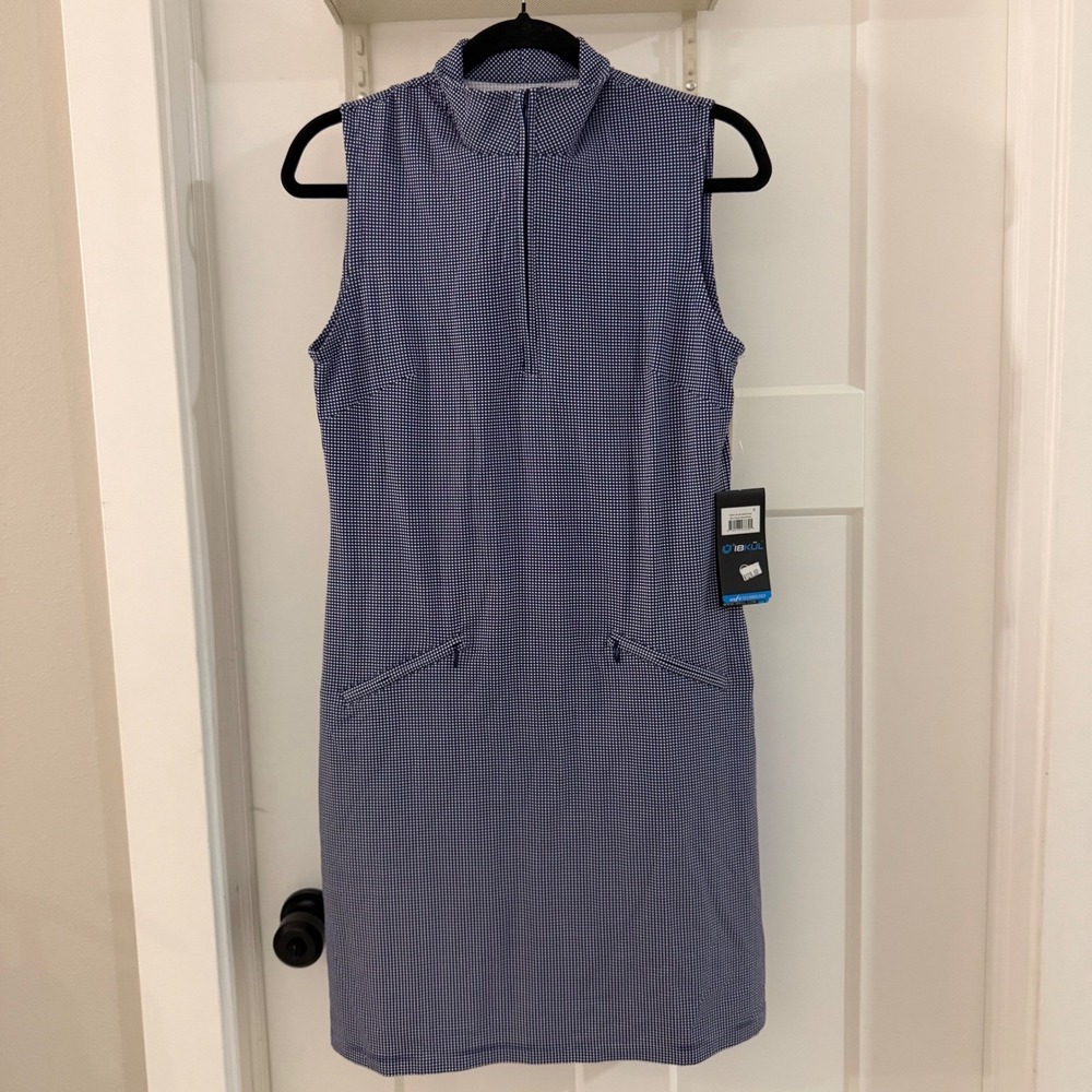 NWT IBKUL Mini Check Sleeveless Mock Neck Zip Dress Blue Sz Small UPF50 Icefil